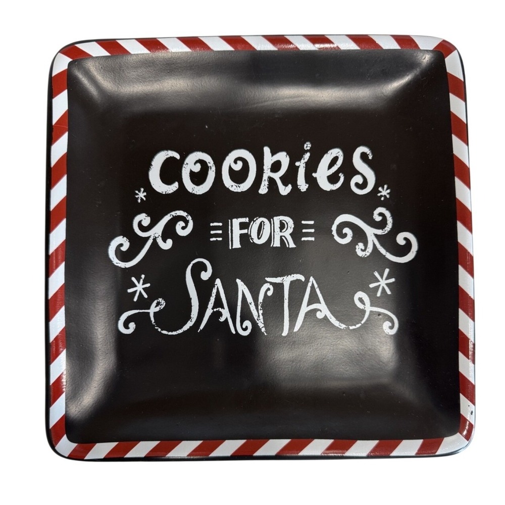 Cookies for Santa Christmas Plate Square Black Red White Candy Cane Stripe 9in